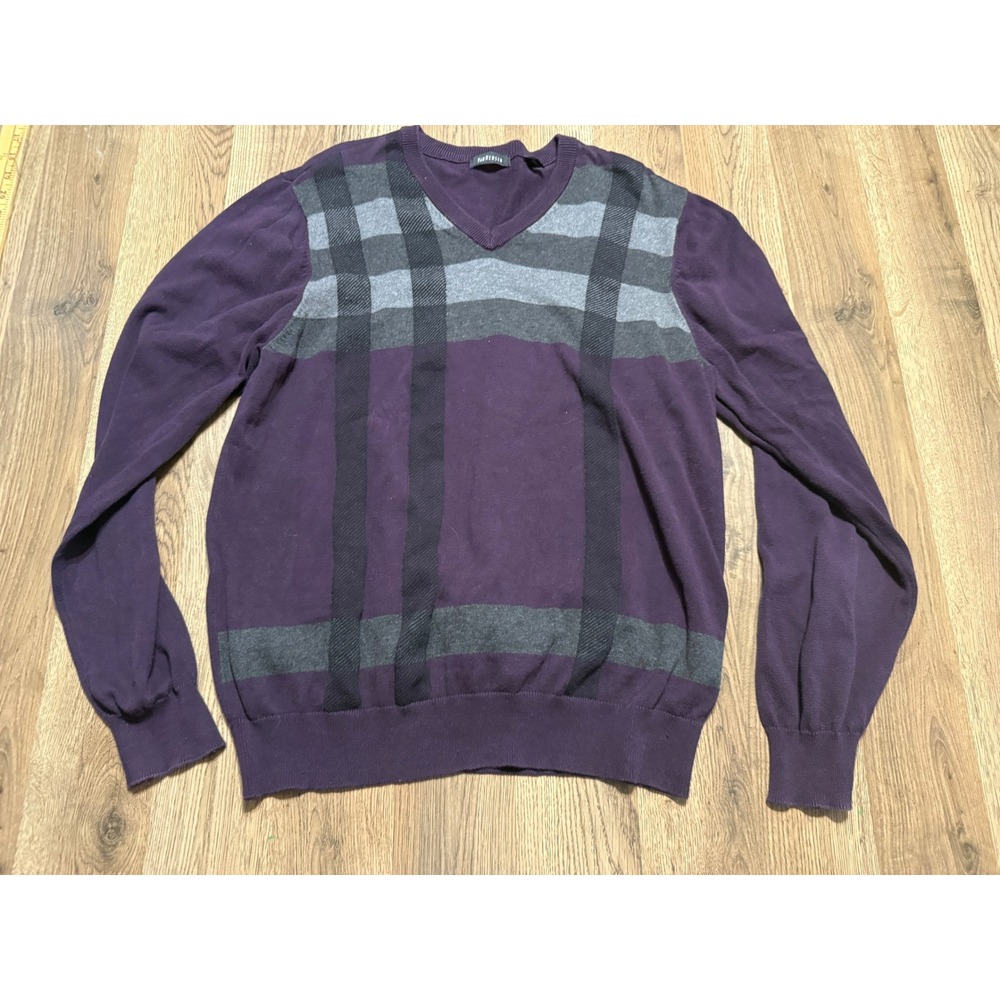 Van Heusen Sweater Mens Size Large Purple V-Neck Plaid Pullover Long Sleeve
